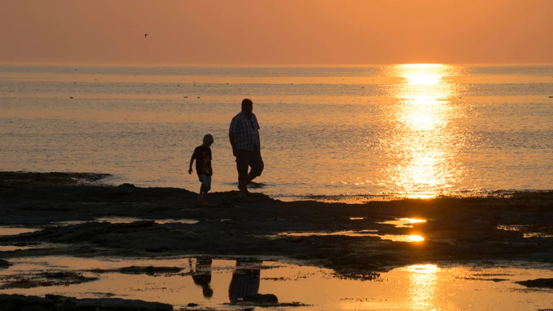 Två personer går vid havet