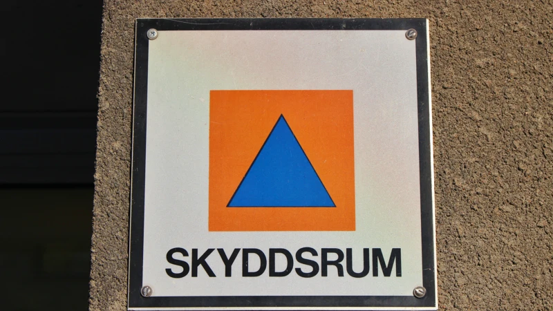 En skylt på sidan av en byggnad där det står skydsrum.