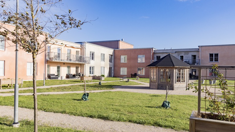 Trädgårdsmiljö bakom pastellfärgad tvåvåningsbyggnad