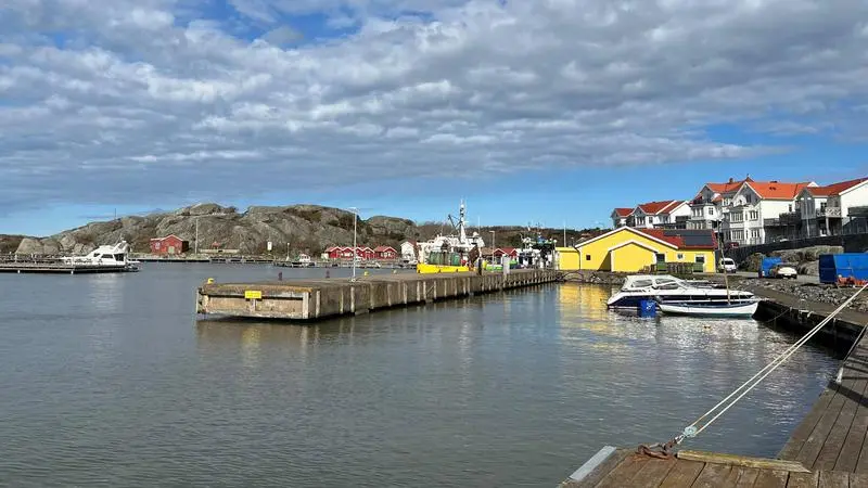 Öckerö hamn med bryggor, hus och båtar.