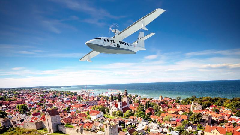 Illustration av elflygplan över Visby