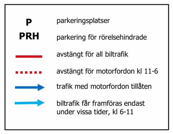 Teckenförklaring för kartan med trafikanpassningar vid Södertorg i Visby.