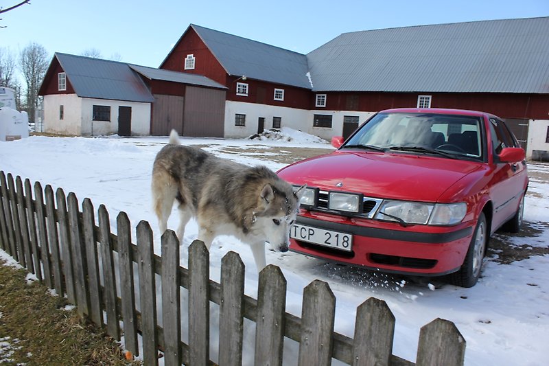 Bakom en parkerad bil finns det en rödvit lada med ett plåttak.