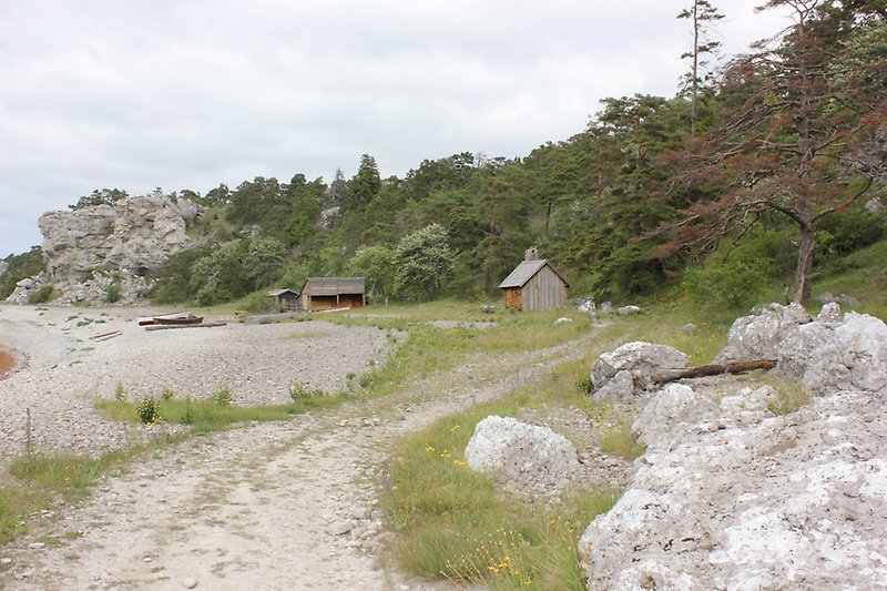 Små trästugor som står strax utanför ett skogsområde och tiotals meter ifrån havet.